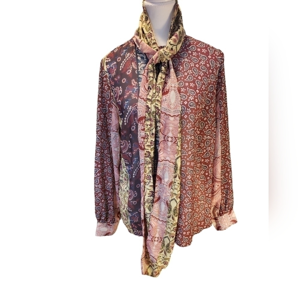 Soft Surroundings Multi print color Paisley Neck Tie Blouse Semi-sheer size smal
